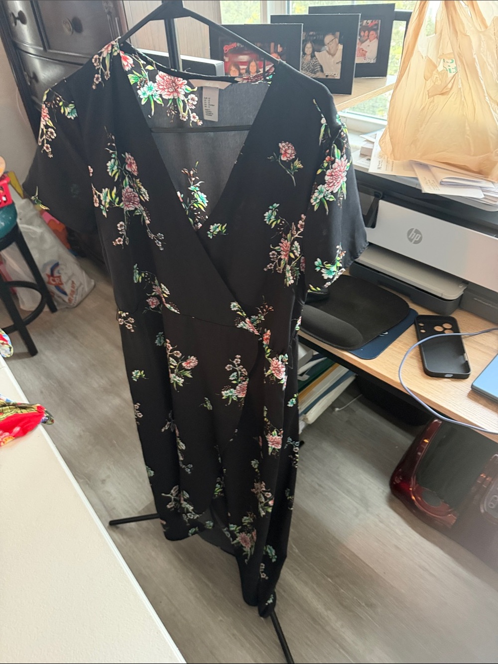 H&M Black Midi Wrap Dress with Pink and Green Floral Print - Picture 3 of 9